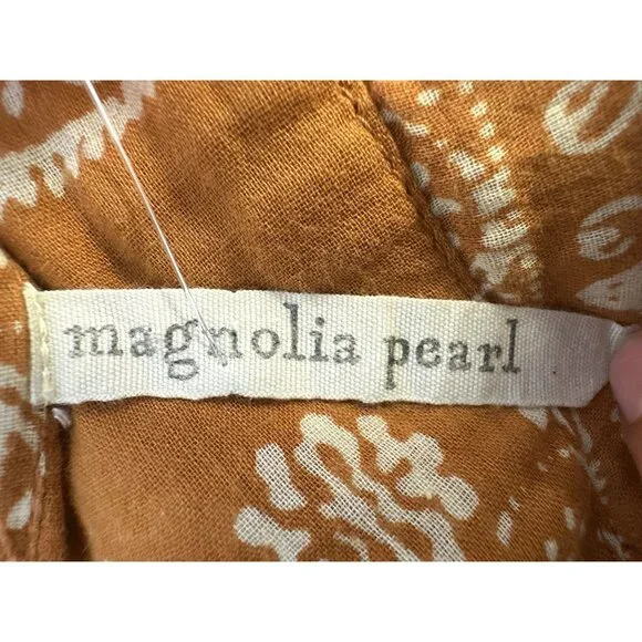 Magnolia Pearl Boho Style Mustard & Cream Floral Print Dress w/Button Front - Picture 9 of 11